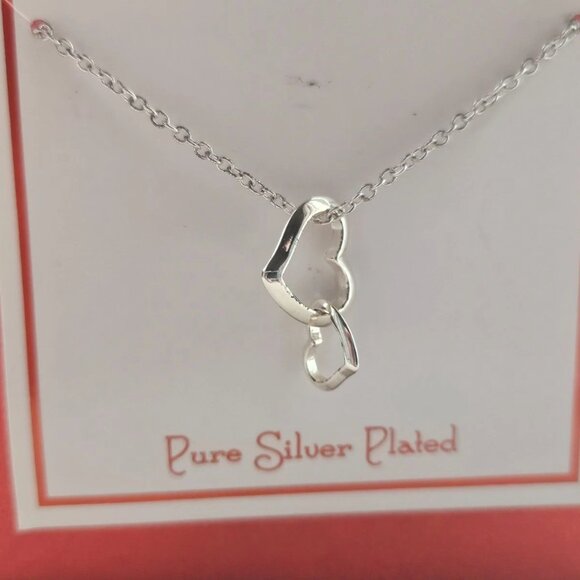 Women Necklace Double Heart Pendant Fashion Jewelry Pure Silver Plated Gift Bag - Picture 2 of 10
